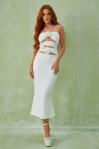 Chic Cutout Halter Midi Dress With Floral Embellishments