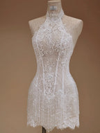 Sheath Halter Lace Beaded Fringe Short Bridal Party Dress