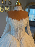 Princess Long Sheer Lace Sleeve Corset Ball Gown Wedding Dress With Sparkling Lace Fabric