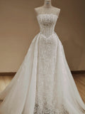A-Line Strapless Lace Corset Lace Up Back Wedding Dress With Oversized Tulle Skirt Overlay