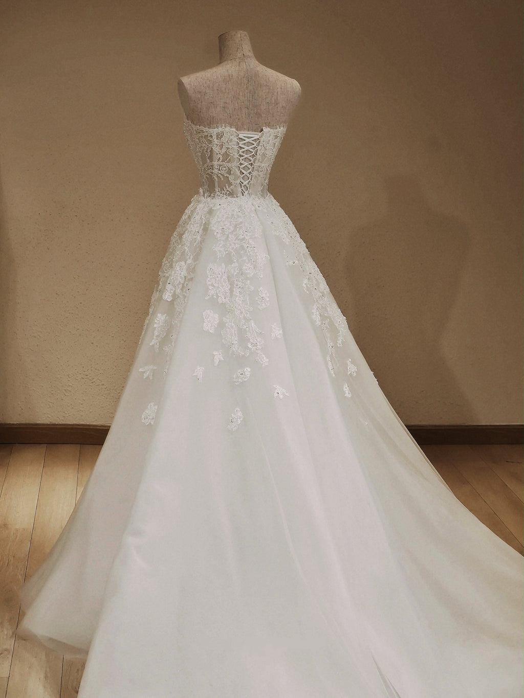 A-Line Strapless Lace Corset Lace Up Back Wedding Dress With Oversized Tulle Skirt Overlay
