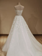 A-Line Strapless Lace Corset Lace Up Back Wedding Dress With Oversized Tulle Skirt Overlay