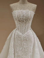 A-Line Strapless Lace Corset Lace Up Back Wedding Dress With Oversized Tulle Skirt Overlay