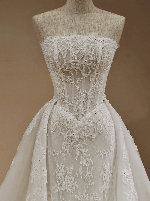 A-Line Strapless Lace Corset Lace Up Back Wedding Dress With Oversized Tulle Skirt Overlay
