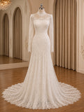 Modest Long Sleeve Lace Sheath Wedding Gown With Extended Lace Train