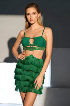 Glamorous Cutout Fringe Mini Dress with Beaded Trim and O-Ring
