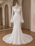 V-Neck Flare Long Sleeve Front Button Detail Full Lace Mermaid Wedding Dress