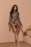 Mock Neck 3D Floral Applique Open Back Mesh Mini Dress
