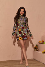 Mock Neck 3D Floral Applique Open Back Mesh Mini Dress