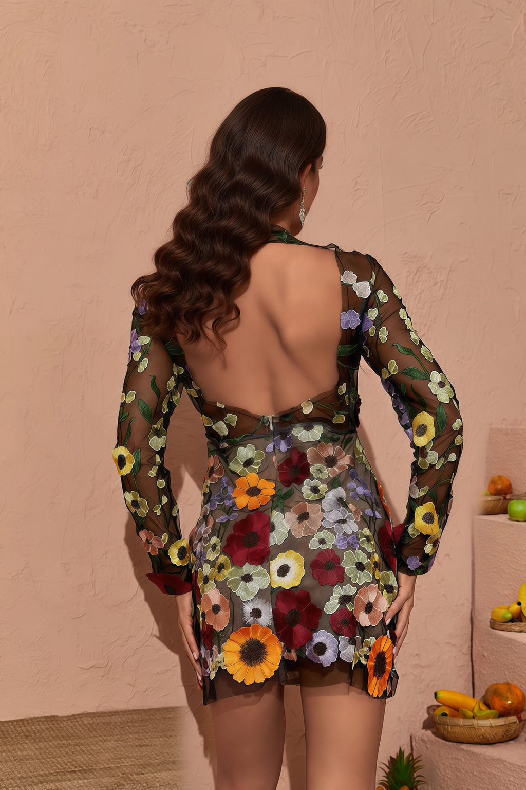 Mock Neck 3D Floral Applique Open Back Mesh Mini Dress
