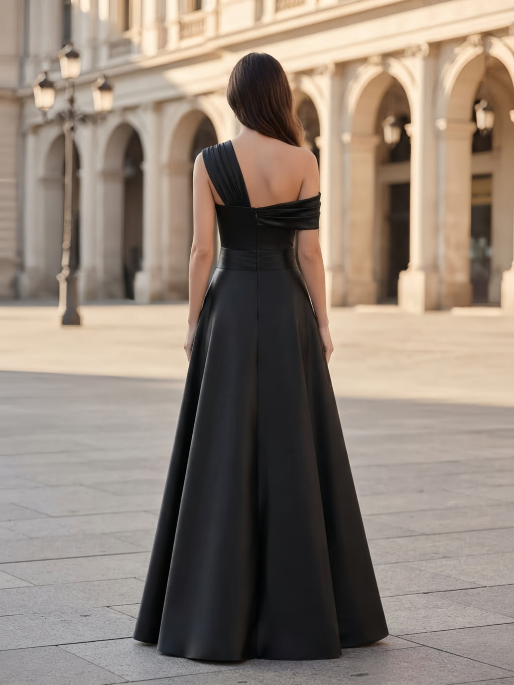 One-Shoulder Draped Satin Pleated A-Line Evening Dress