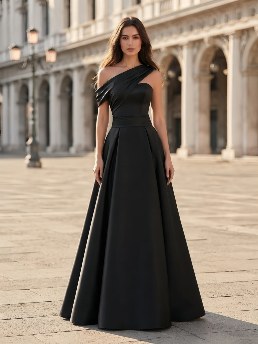 One-Shoulder Draped Satin Pleated A-Line Evening Dress
