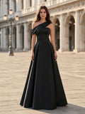 One-Shoulder Draped Satin Pleated A-Line Evening Dress