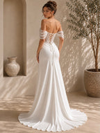 Elegant Off Shoulder Lace Up Back Satin Wedding Dress