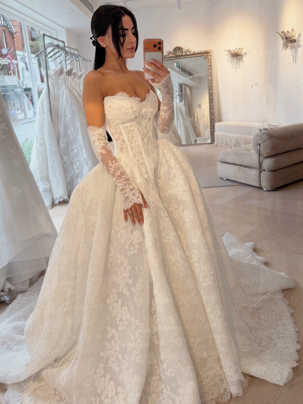 Sweetheart Neck Allover Lace Princess Bridal Gown With 3/4 Lace Sleeves