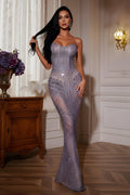 Strapless Rhinestone Embellished Floor Length Evening Gown