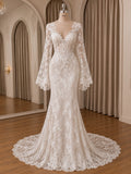 Deep V Bell Long Sleeve Lace Corset Mermaid Wedding Dress With Scalloped Chapel Train