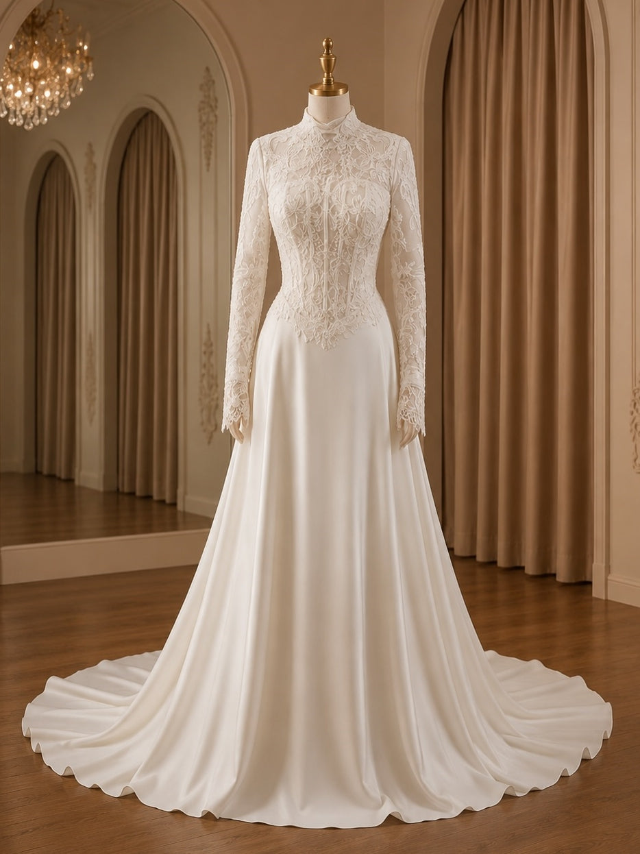 Vintage High Neck Long Sleeve Lace Structured Corset Satin Skirt A-Line Wedding Gown