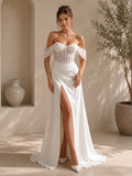 Elegant Off Shoulder Lace Up Back Satin Wedding Dress