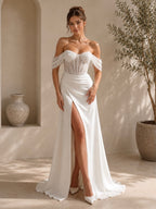 Elegant Off Shoulder Lace Up Back Satin Wedding Dress