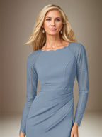Dusty Blue Stretch Crepe Boat Neck Long Sleeves Floor Length Dress