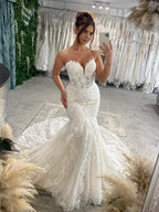 Sweetheart Lace Cover Button Mermaid Wedding Dress With Wide Lace Train