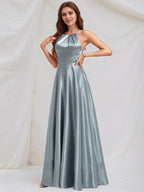 Dusty Blue Satin A Line Halter Neck Sleeveless Floor Length Bridesmaid Dress