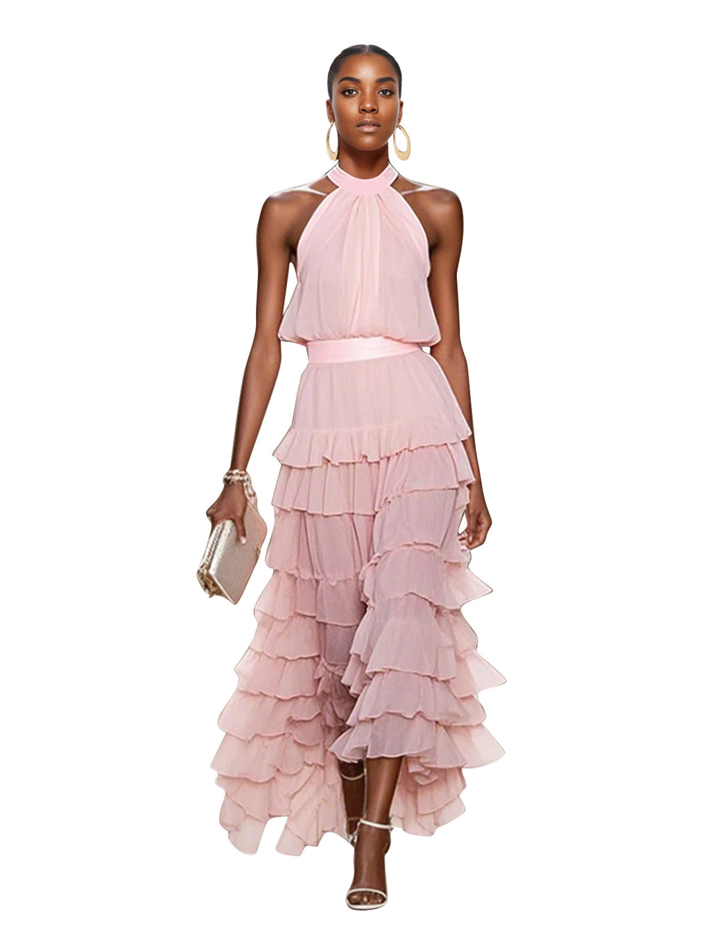 A Line Pink Chiffon Halter Neck Sleeveless Ankle Length Dress With Cascading Ruffles