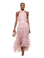 A Line Pink Chiffon Halter Neck Sleeveless Ankle Length Dress With Cascading Ruffles