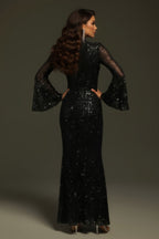 High Neck Sequin Flare Sleeve Bodycon Maxi Gown
