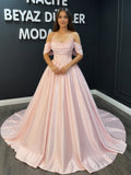 Pink Off the Shoulder Satin A-Line Bridal Wedding Gown