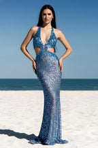 Glamorous Sequin Halter Neck Cutout Mermaid Evening Gown