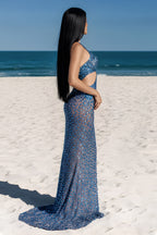 Glamorous Sequin Halter Neck Cutout Mermaid Evening Gown