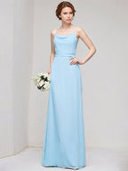 Sky Blue A-Line Cowl Floor-Length Chiffon Bridesmaid Dress With Ruffle