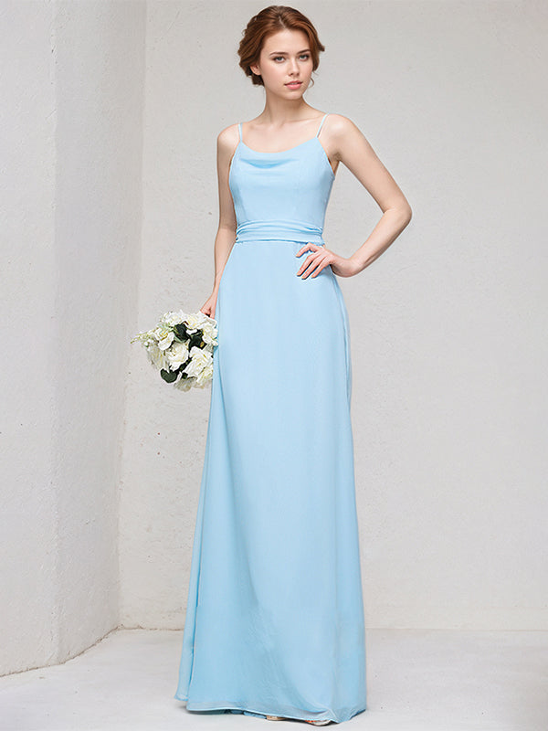 Sky Blue A-Line Cowl Floor-Length Chiffon Bridesmaid Dress With Ruffle