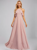 Dusty Rose A-Line Halter Floor-Length Chiffon Bridesmaid Dress With Ruffle