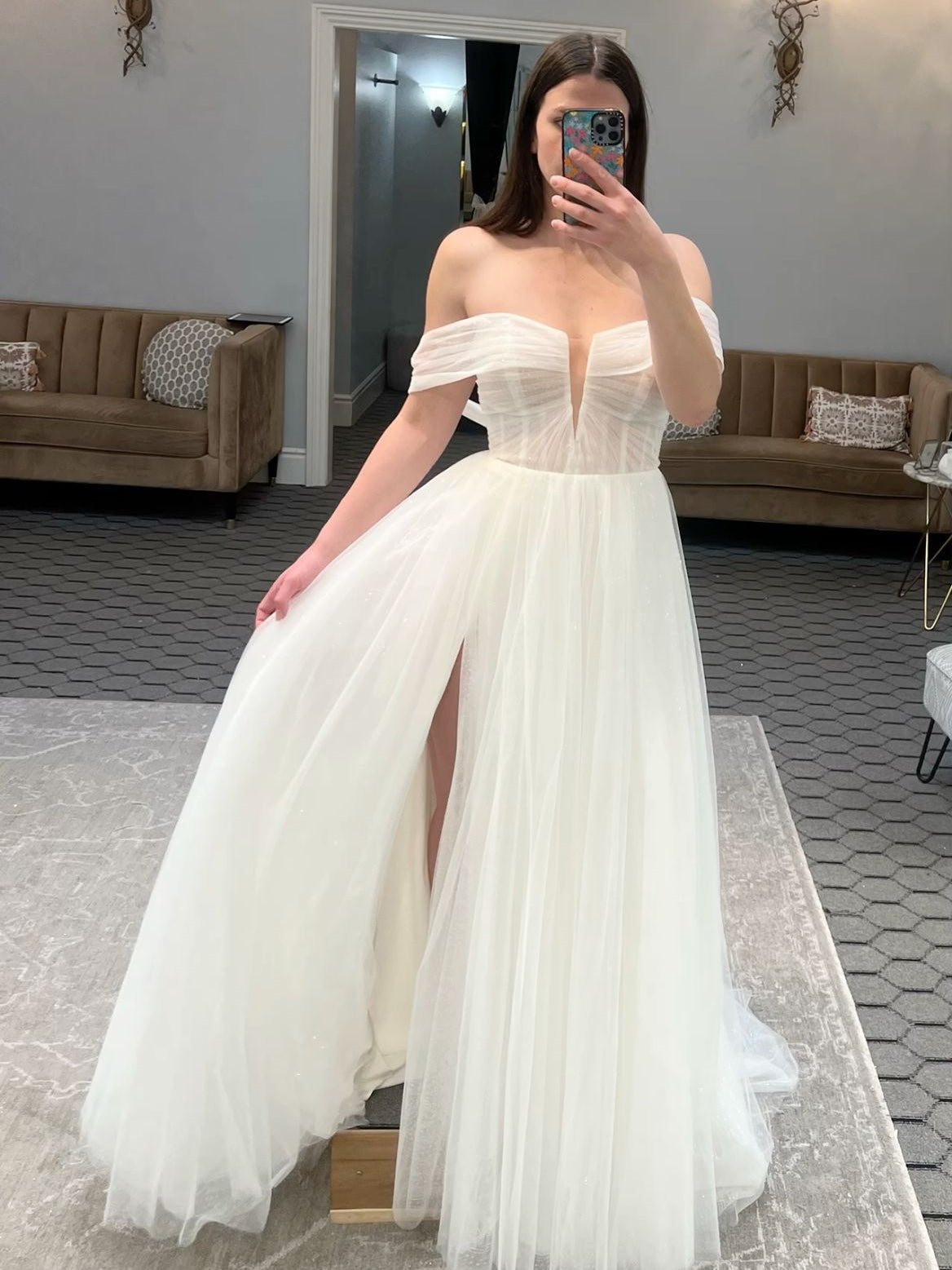 Off-the-Shoulder Pleated Plunge High Slit A-Line Wedding Dress