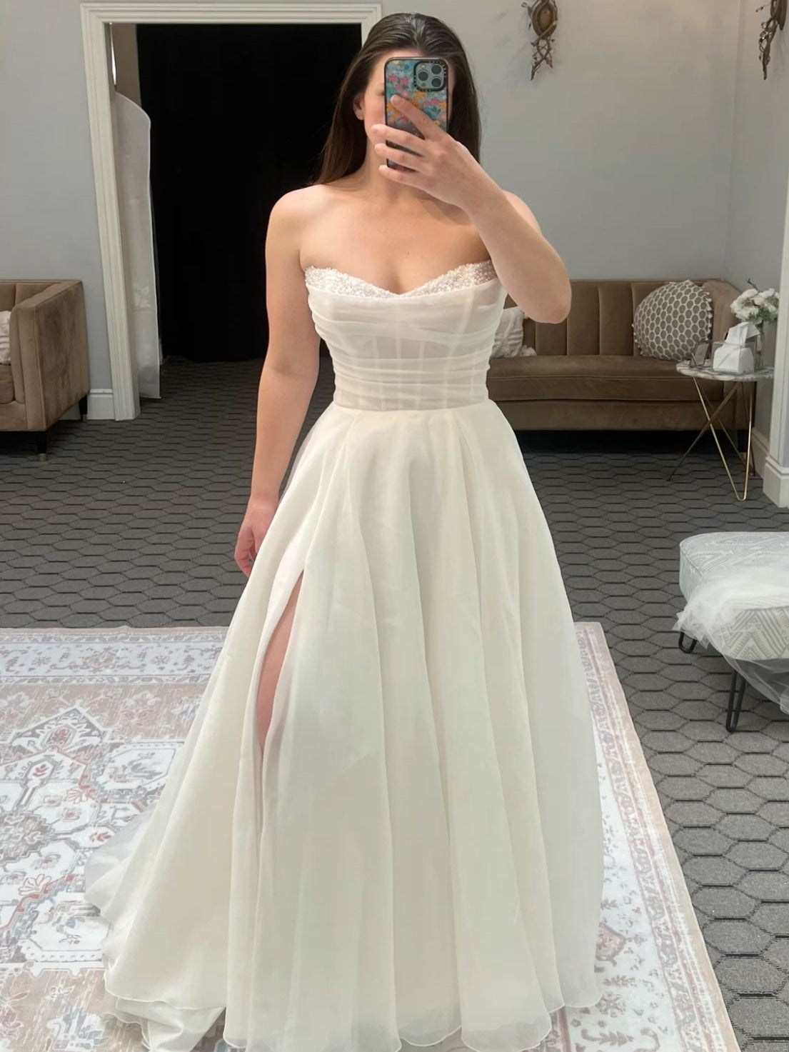Strapless Beaded Corset High Slit A-Line Wedding Dress