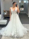 Elegant V-Neck Floral Lace Applique A-Line Wedding Dress