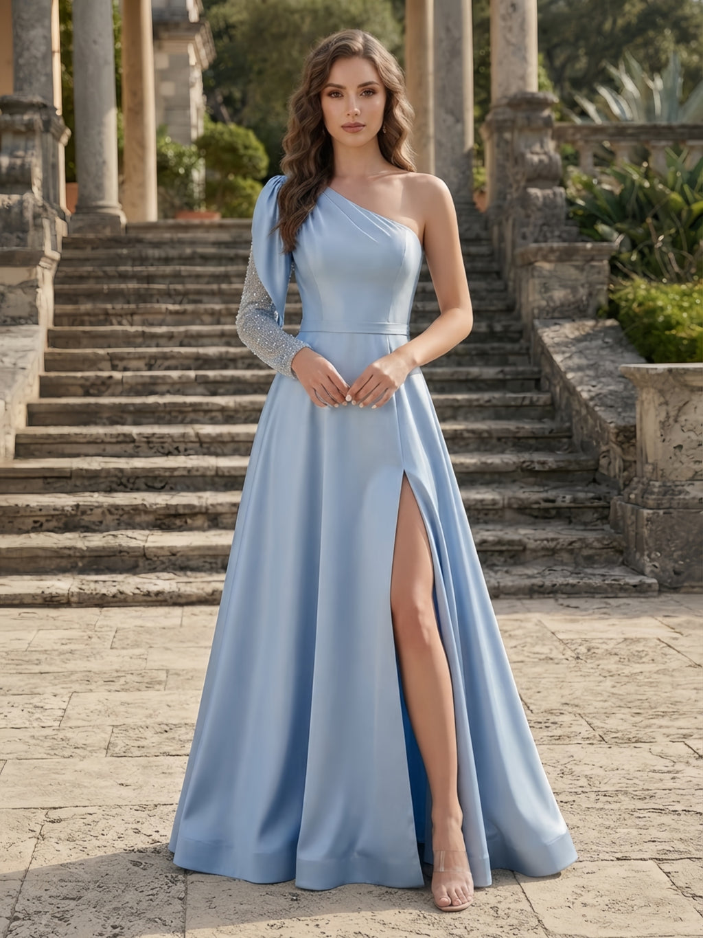 Dusty Blue One-Shoulder Sequin-Sleeve Satin Evening Dress