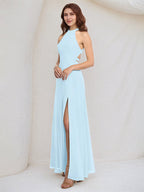 A-Linien-Himmelblaues Chiffon-Kleid mit Neckholder, ärmellos, bodenlang mit hohem Schlitz