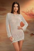 Crochet Knit Long Sleeve Mini Beach Cover-Up Dress with Fringes