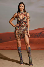Luxury Beaded Statement Chain Mail Mini Dress with Drapes
