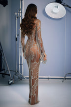 Embellished Sheer Mesh Long Sleeve Evening Gown with Fringed Details