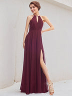 Mulberry A-Line Halter Floor-Length Chiffon Bridesmaid Dress
