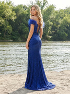Royal Blue Off Shoulder Feather Sequin Lace Mermaid Long Prom Dress with Slit