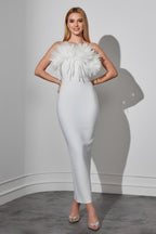 Elegant Strapless Feather-Trim Maxi Evening Gown for Events