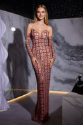 Sheer Grid Pattern Long Sleeve Floor-Length Evening Gown