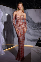 Sheer Grid Pattern Long Sleeve Floor-Length Evening Gown