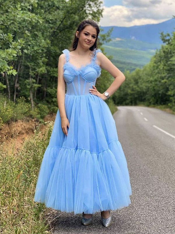 Blaues A-Linien Herzausschnitt Tüll Tee-Länge Abschlussballkleid
